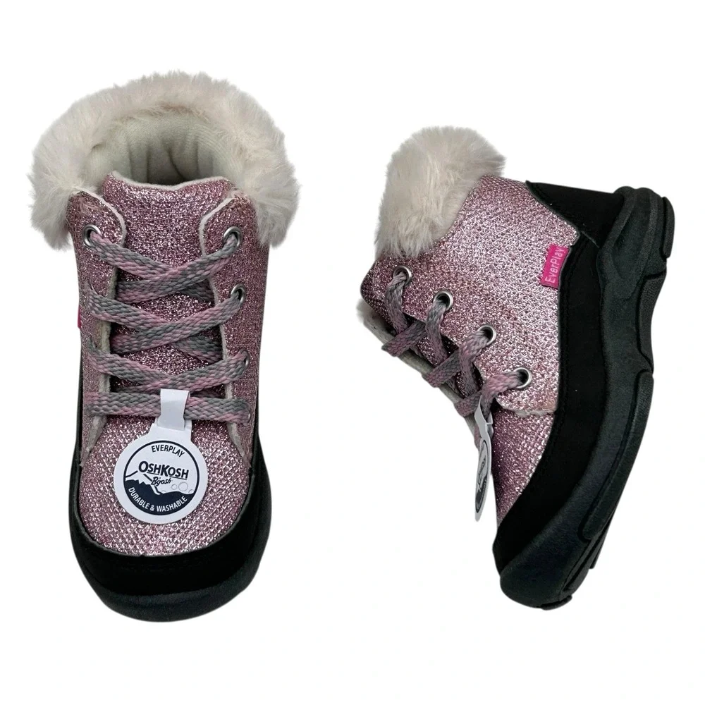 OshKosh BGosh Toddler Girls Ankle‎ Winter Boots Size 8 Pink Black Faux Fur Trim